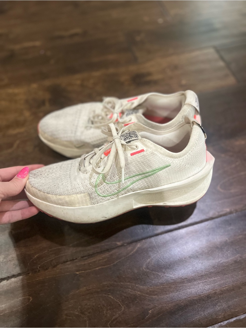 Nike Women’s Cream Running Shoes with Green Swoosh and Pink Accents